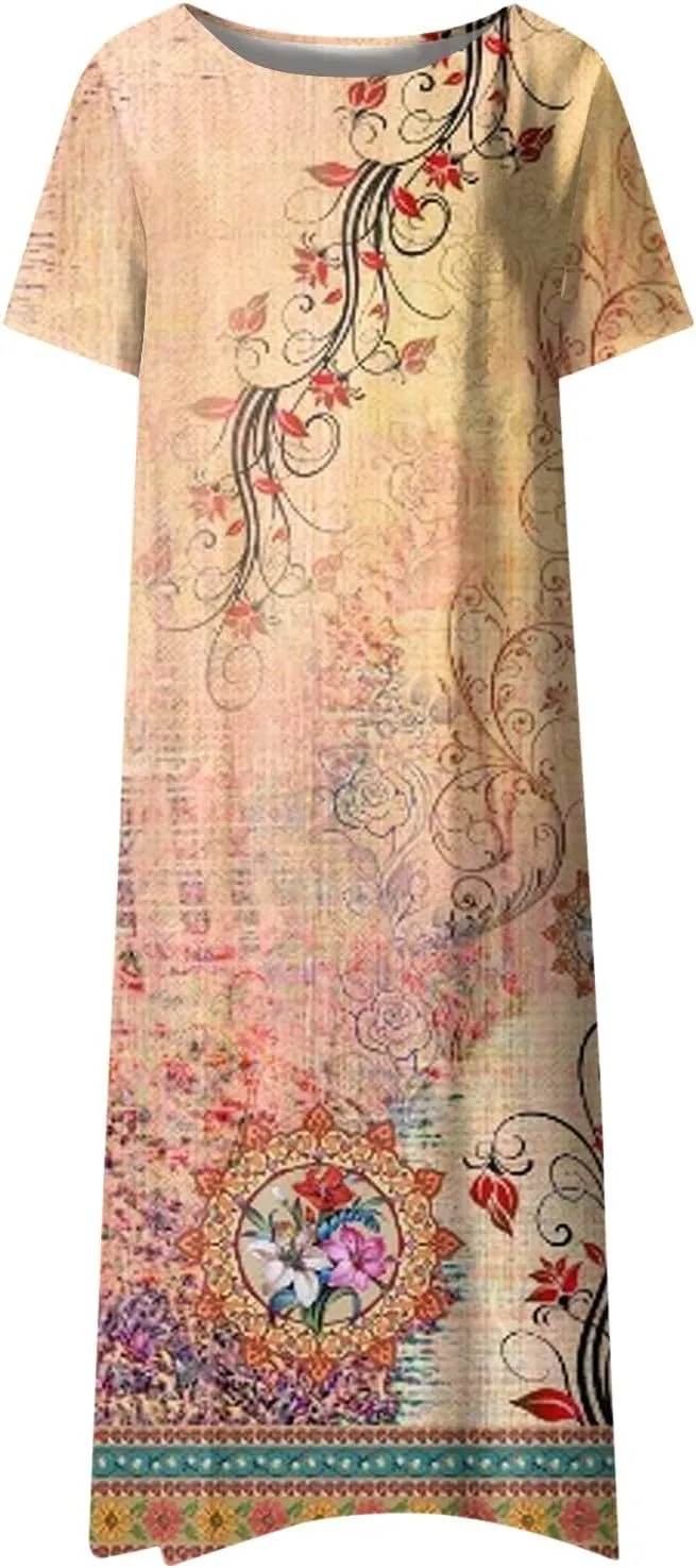 Dresses for Women 2024 Pocket Printed Dresses Pleated Round Neck Long Dresses Short Sleeve Elegant Maxi Dress