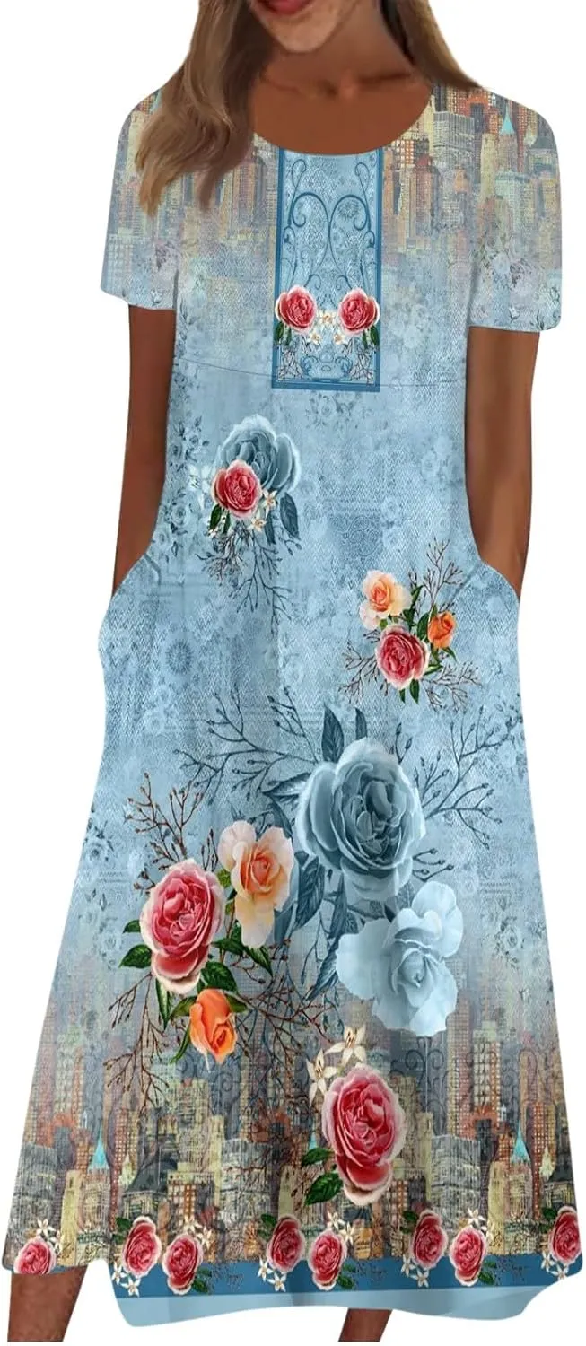 Dresses for Women 2024 Pocket Printed Dresses Pleated Round Neck Long Dresses Short Sleeve Elegant Maxi Dress