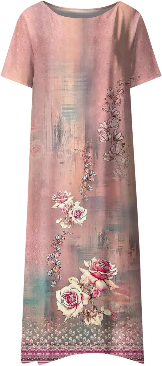 Dresses for Women 2024 Pocket Printed Dresses Pleated Round Neck Long Dresses Short Sleeve Elegant Maxi Dress