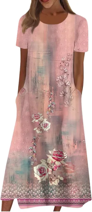 Dresses for Women 2024 Pocket Printed Dresses Pleated Round Neck Long Dresses Short Sleeve Elegant Maxi Dress
