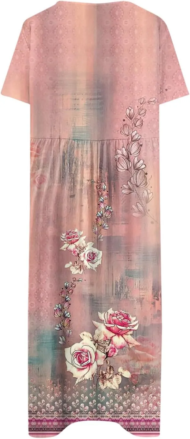 Dresses for Women 2024 Pocket Printed Dresses Pleated Round Neck Long Dresses Short Sleeve Elegant Maxi Dress