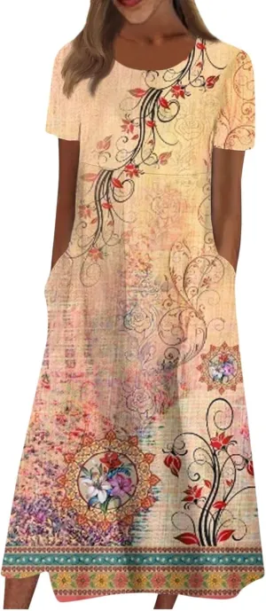 Dresses for Women 2024 Pocket Printed Dresses Pleated Round Neck Long Dresses Short Sleeve Elegant Maxi Dress