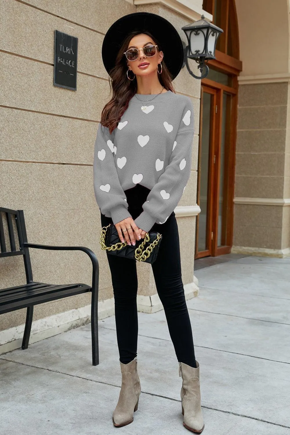 Fall Obsession Crew Neck Heart Pattern Sweater