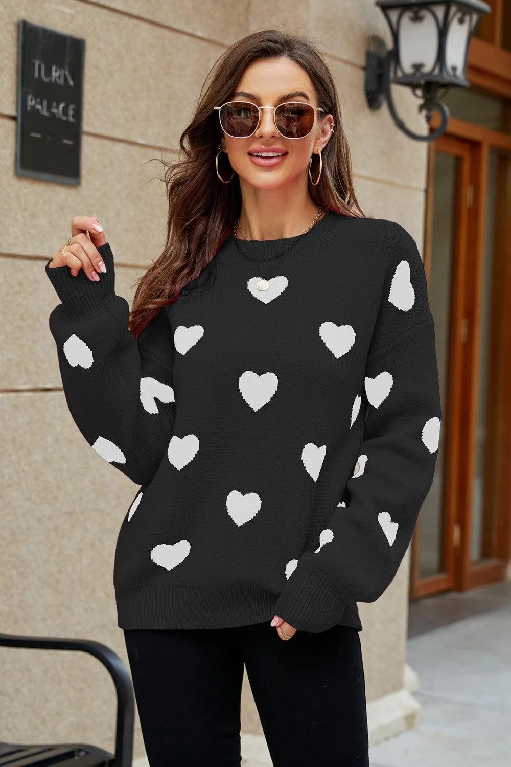 Fall Obsession Crew Neck Heart Pattern Sweater