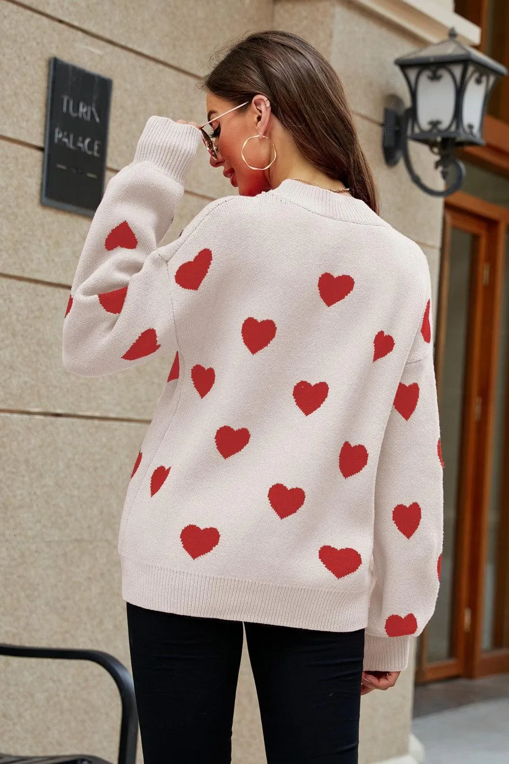 Fall Obsession Crew Neck Heart Pattern Sweater