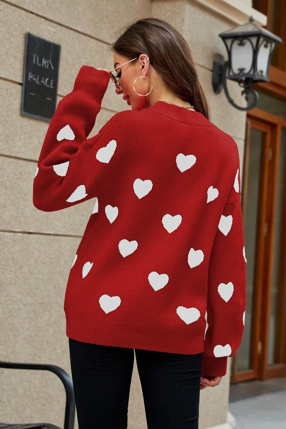Fall Obsession Crew Neck Heart Pattern Sweater