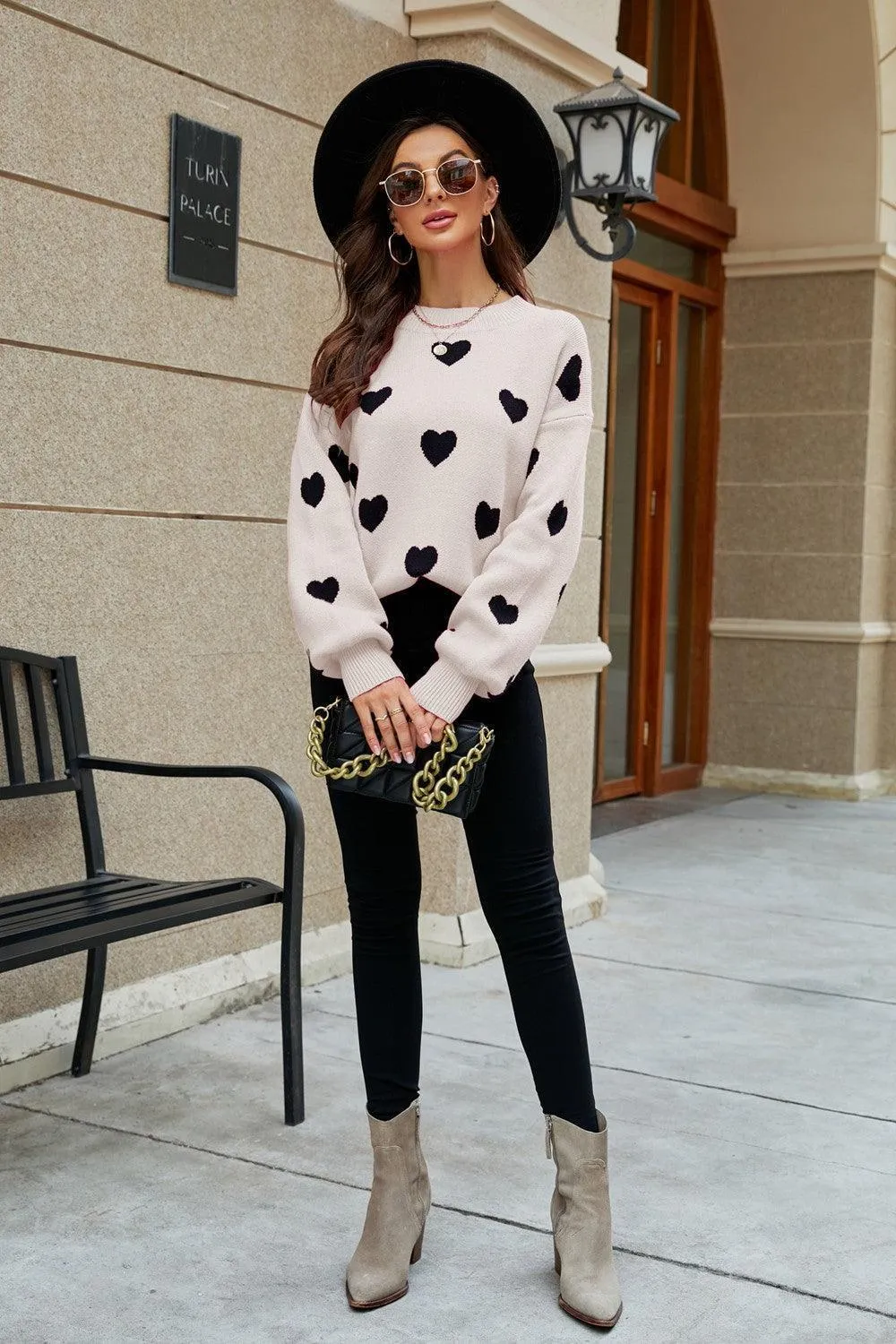 Fall Obsession Crew Neck Heart Pattern Sweater