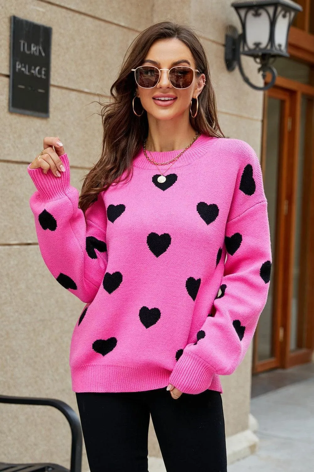 Fall Obsession Crew Neck Heart Pattern Sweater