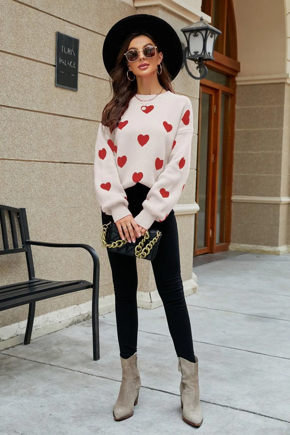 Fall Obsession Crew Neck Heart Pattern Sweater