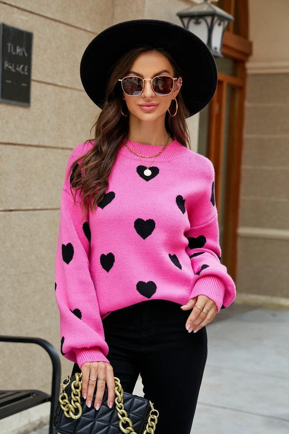 Fall Obsession Crew Neck Heart Pattern Sweater