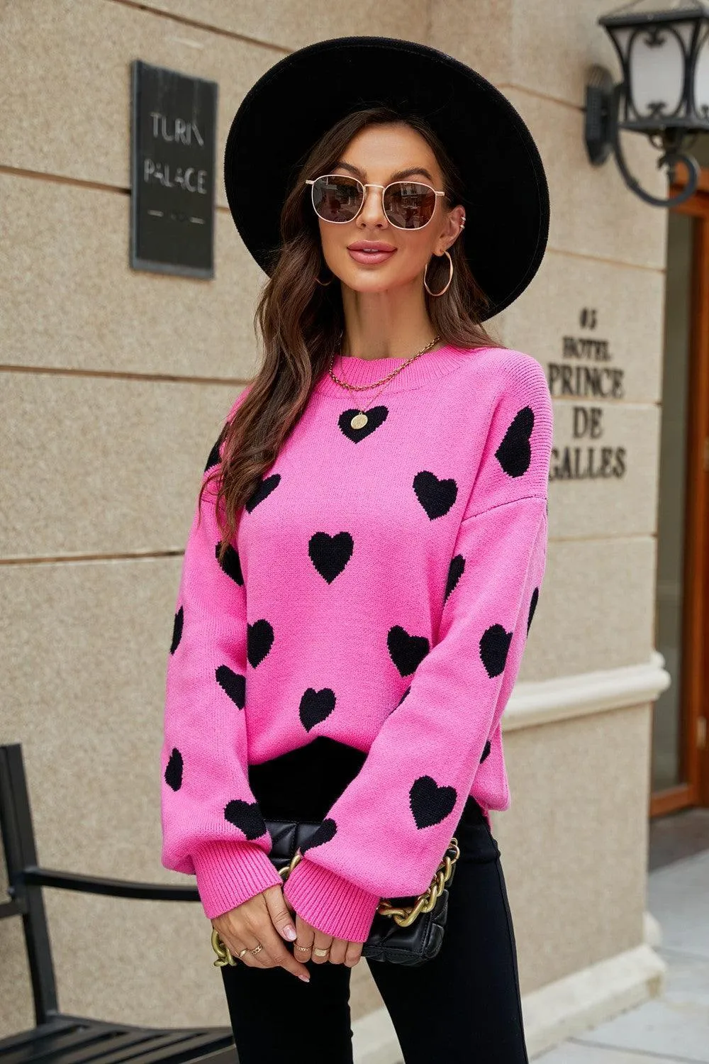 Fall Obsession Crew Neck Heart Pattern Sweater