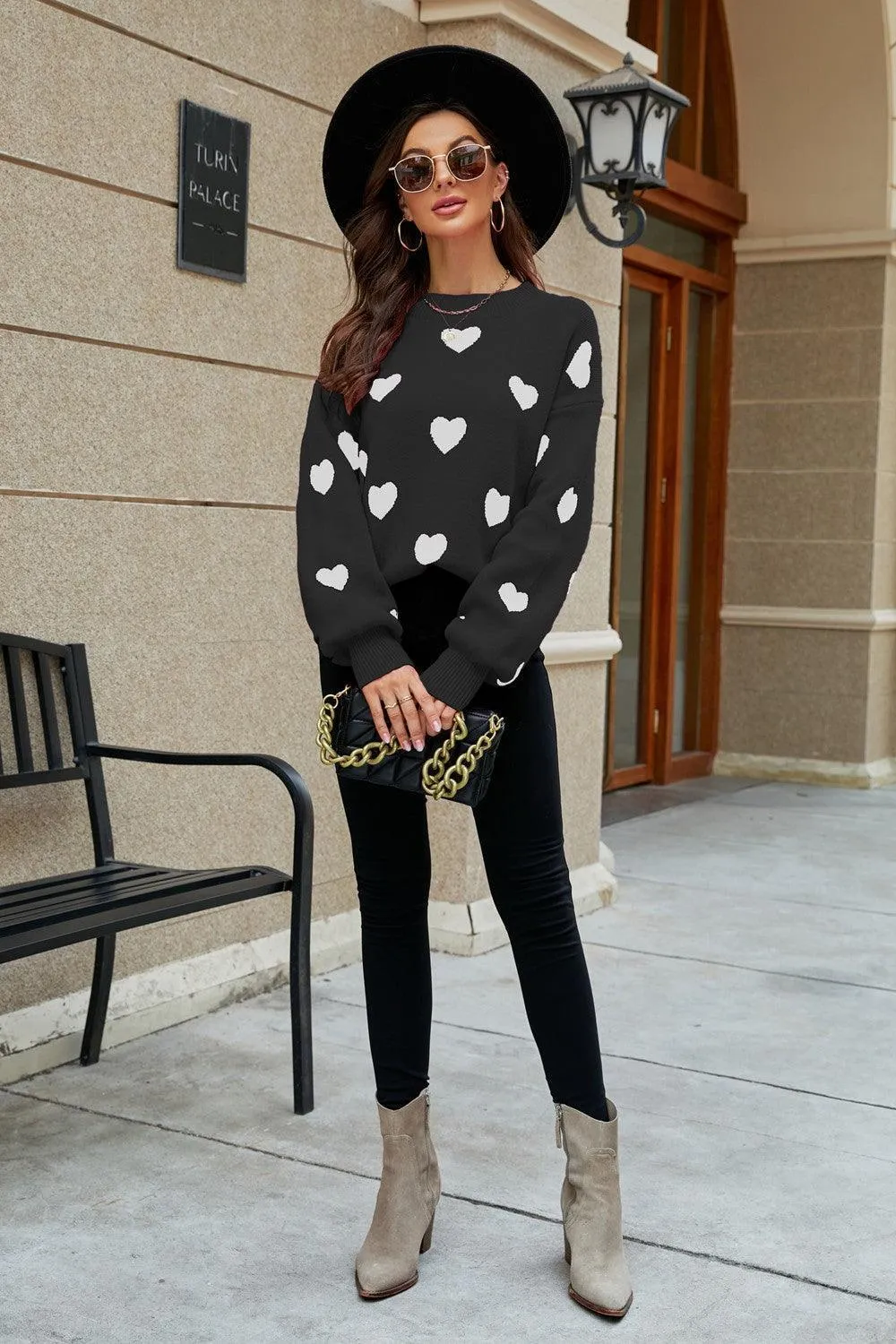 Fall Obsession Crew Neck Heart Pattern Sweater