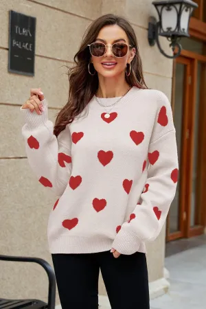 Fall Obsession Crew Neck Heart Pattern Sweater