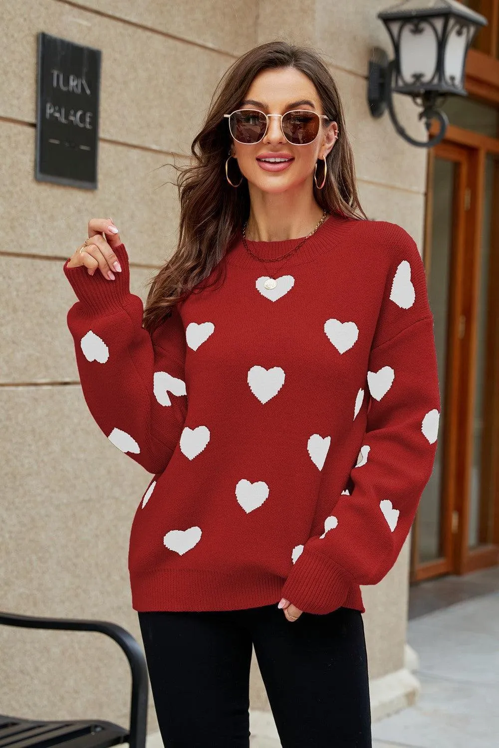 Fall Obsession Crew Neck Heart Pattern Sweater