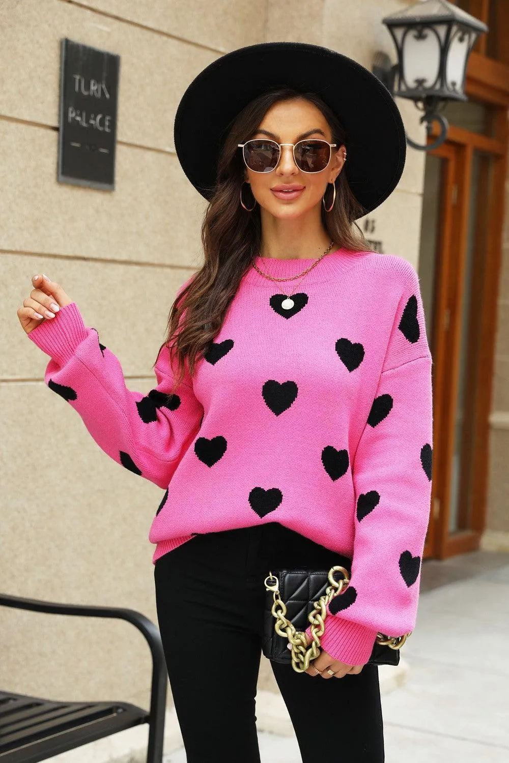 Fall Obsession Crew Neck Heart Pattern Sweater