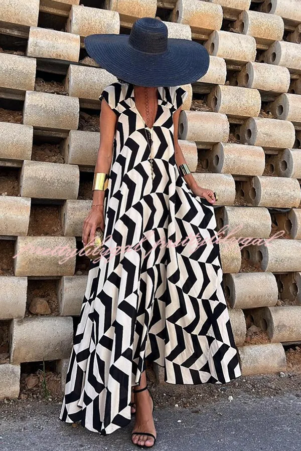 Fresh Breeze Ethnic Unique Print Ruffle Sleeve A-line Maxi Dress