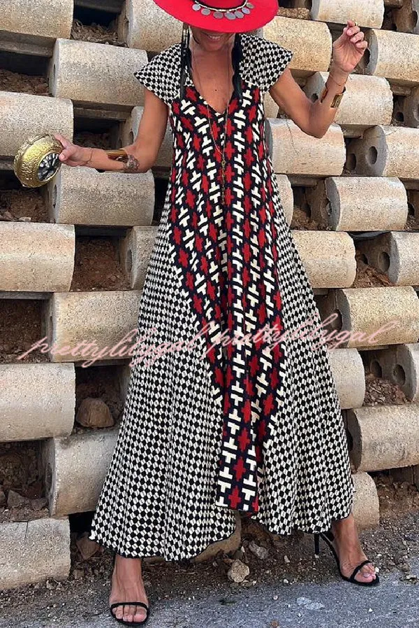 Fresh Breeze Ethnic Unique Print Ruffle Sleeve A-line Maxi Dress