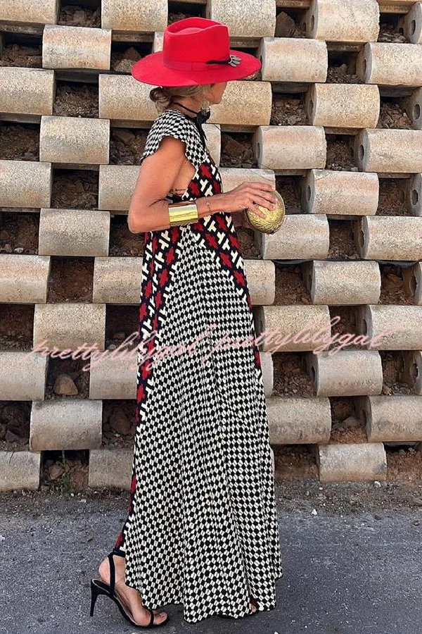Fresh Breeze Ethnic Unique Print Ruffle Sleeve A-line Maxi Dress