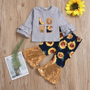 Girls Sunflower Flared Sleeve Love Top & Sequin Bell Pants Wholesale Girls