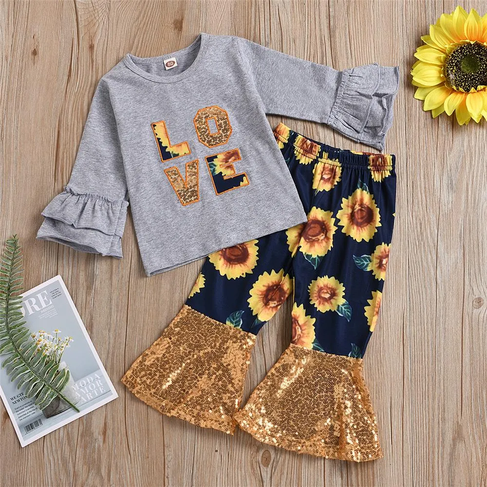 Girls Sunflower Flared Sleeve Love Top & Sequin Bell Pants Wholesale Girls