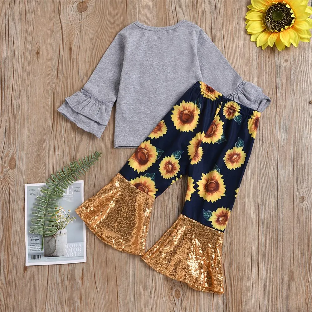 Girls Sunflower Flared Sleeve Love Top & Sequin Bell Pants Wholesale Girls