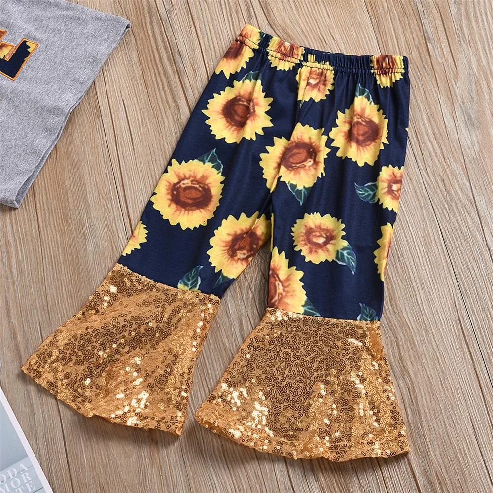 Girls Sunflower Flared Sleeve Love Top & Sequin Bell Pants Wholesale Girls