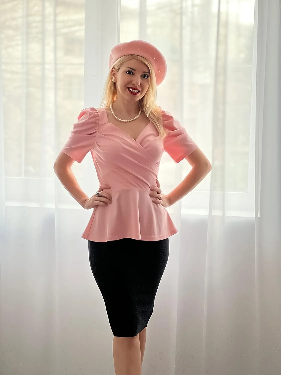 GRACE KARIN 2025 Womens Tops Elegant Peplum Top Wrap V Neck Puff Short Sleeve Summer Tops Blouse
