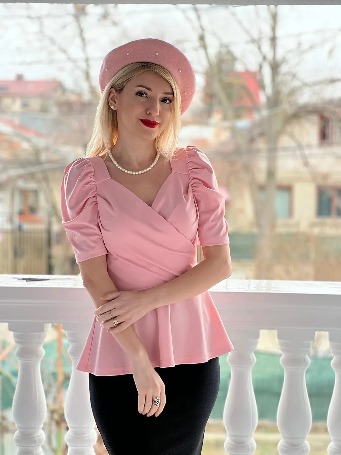 GRACE KARIN 2025 Womens Tops Elegant Peplum Top Wrap V Neck Puff Short Sleeve Summer Tops Blouse