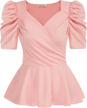 GRACE KARIN 2025 Womens Tops Elegant Peplum Top Wrap V Neck Puff Short Sleeve Summer Tops Blouse