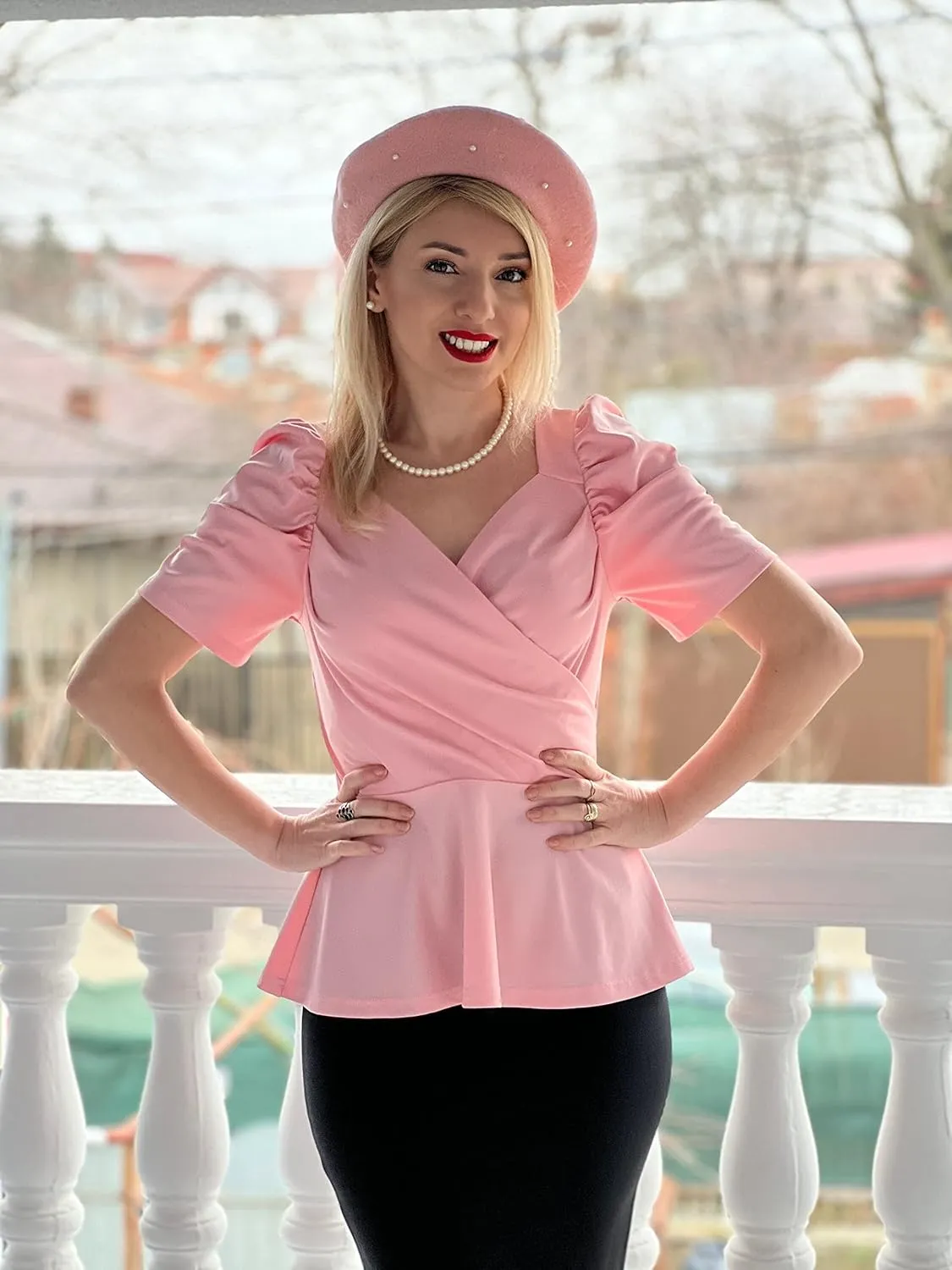 GRACE KARIN 2025 Womens Tops Elegant Peplum Top Wrap V Neck Puff Short Sleeve Summer Tops Blouse