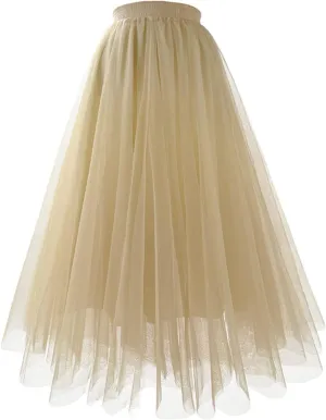 HGps8w Women's A-Line Fairy Elastic Waist Tulle Midi Skirt Elegant Multilayer Mesh Lace Tulle Tutu Skirts for Dance Party