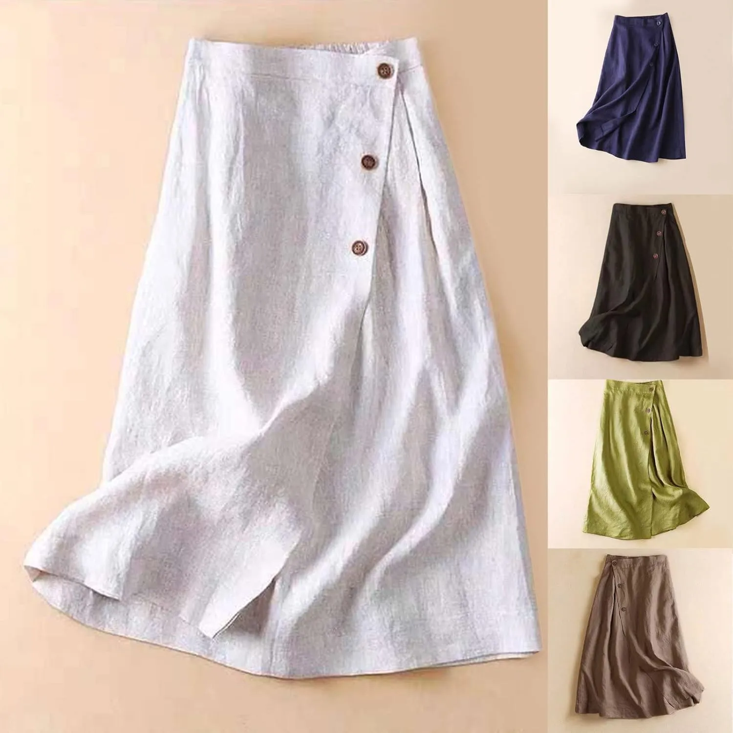 HGps8w Women's Cotton Linen Midi Skirt Wrap Button Side Split Casual High Waist Solid Color Retro A-Line Swing Skirts
