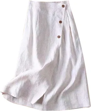 HGps8w Women's Cotton Linen Midi Skirt Wrap Button Side Split Casual High Waist Solid Color Retro A-Line Swing Skirts