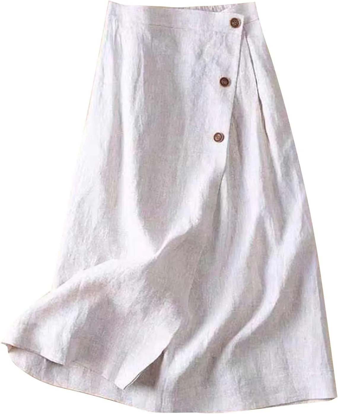 HGps8w Women's Cotton Linen Midi Skirt Wrap Button Side Split Casual High Waist Solid Color Retro A-Line Swing Skirts