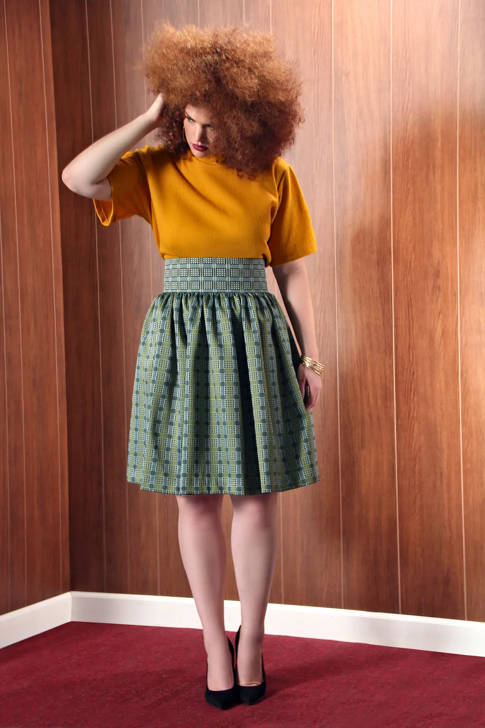 High Waist Tie Silk (Green/Blue) Flare Skirt- JIBRI