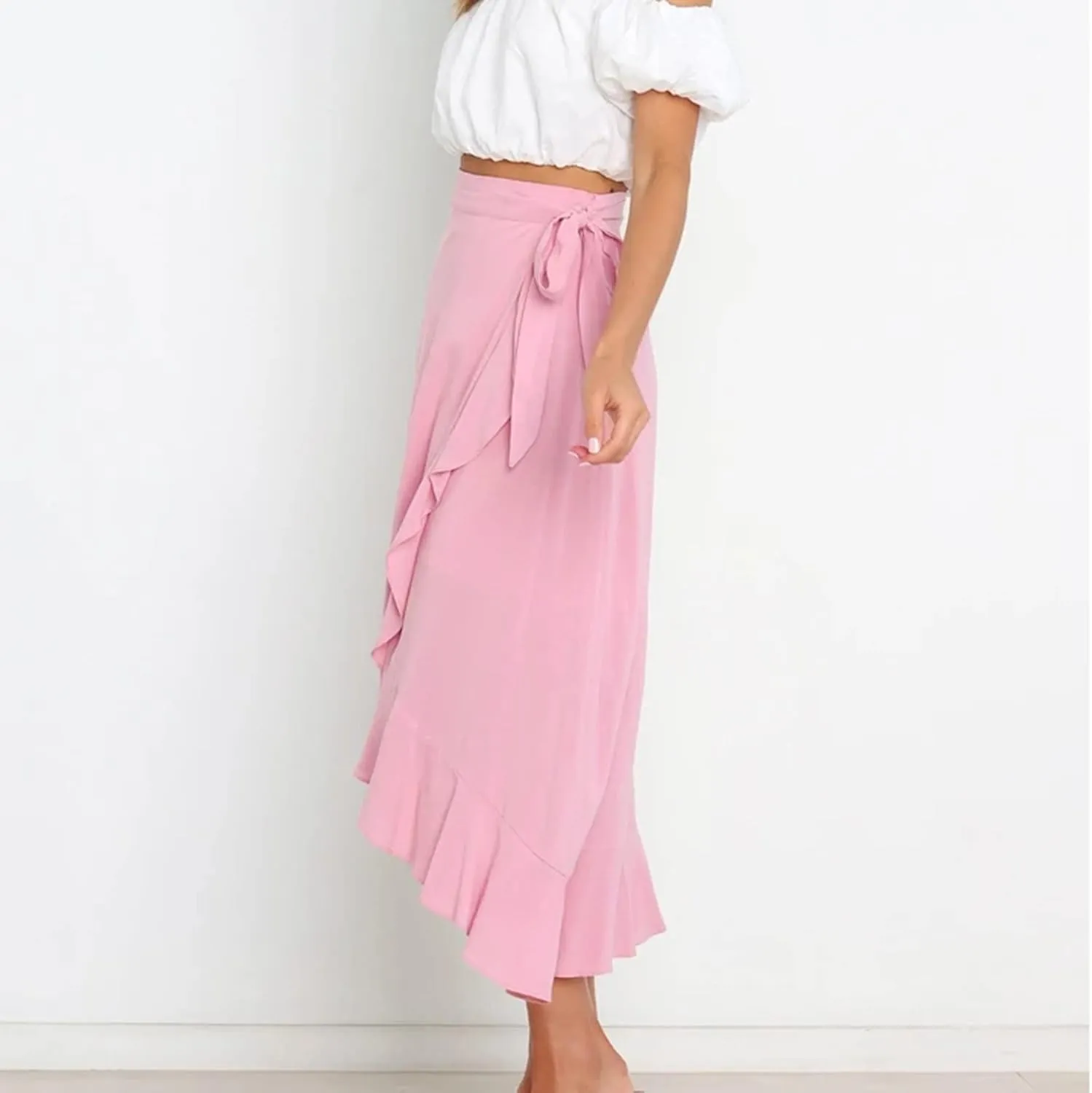 Irregular Wrap Skirts for Women Summer Casual Plain Ruffle Trim High Waisted Tied Slit Midi Beachy Skirt