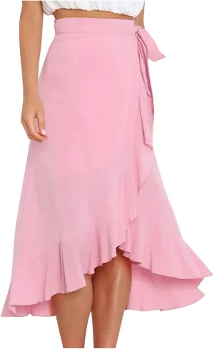 Irregular Wrap Skirts for Women Summer Casual Plain Ruffle Trim High Waisted Tied Slit Midi Beachy Skirt