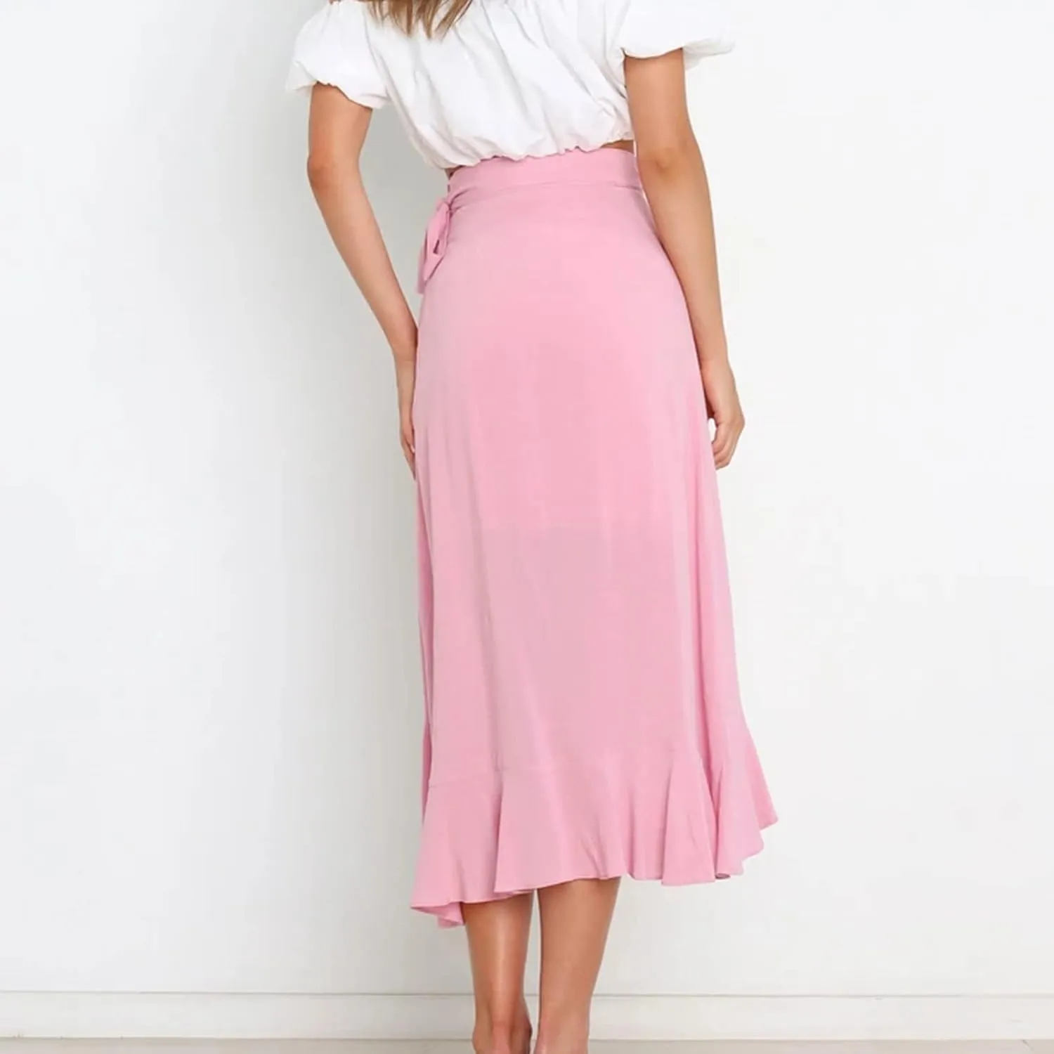 Irregular Wrap Skirts for Women Summer Casual Plain Ruffle Trim High Waisted Tied Slit Midi Beachy Skirt