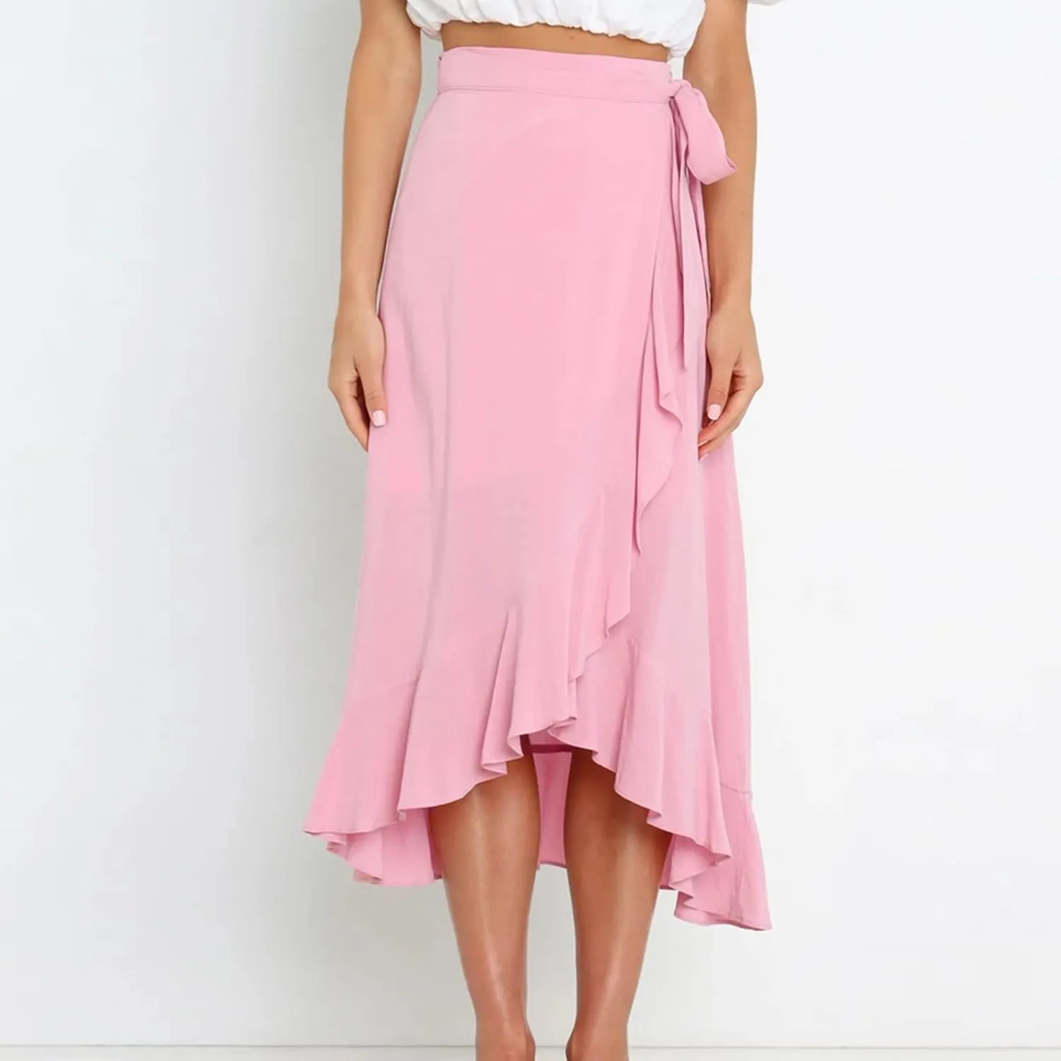 Irregular Wrap Skirts for Women Summer Casual Plain Ruffle Trim High Waisted Tied Slit Midi Beachy Skirt