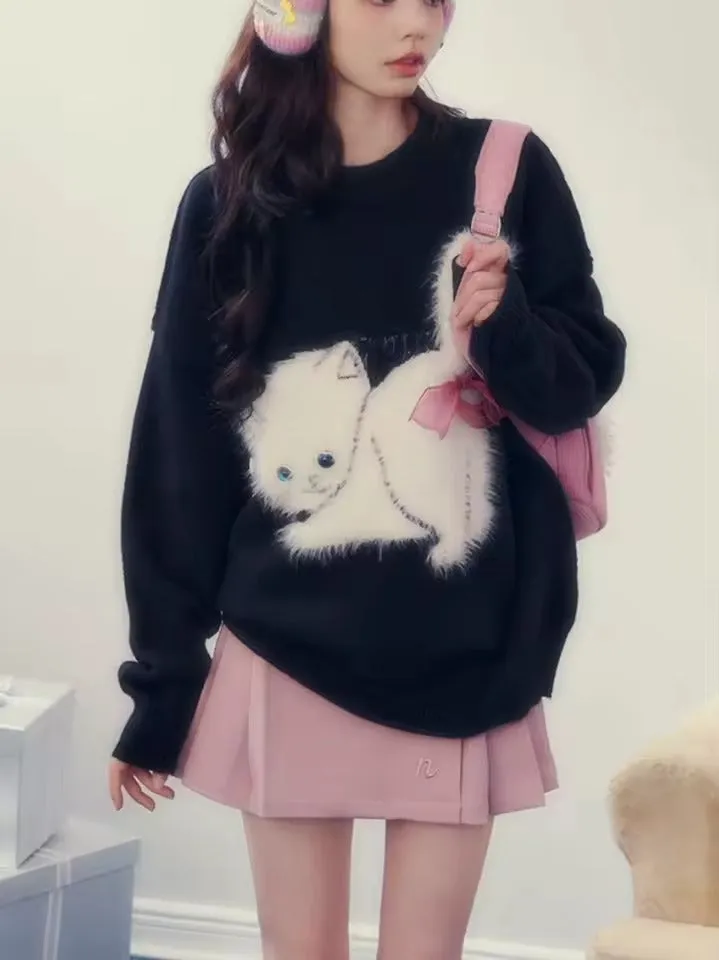 Kitty Cat Sweater – Y2K Japanese Preppy Knitted Pullover for Women