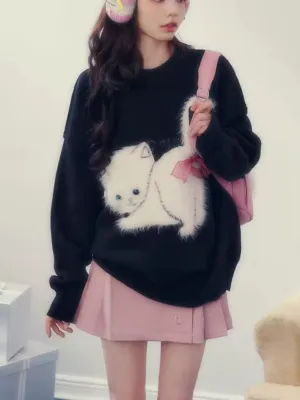 Kitty Cat Sweater – Y2K Japanese Preppy Knitted Pullover for Women