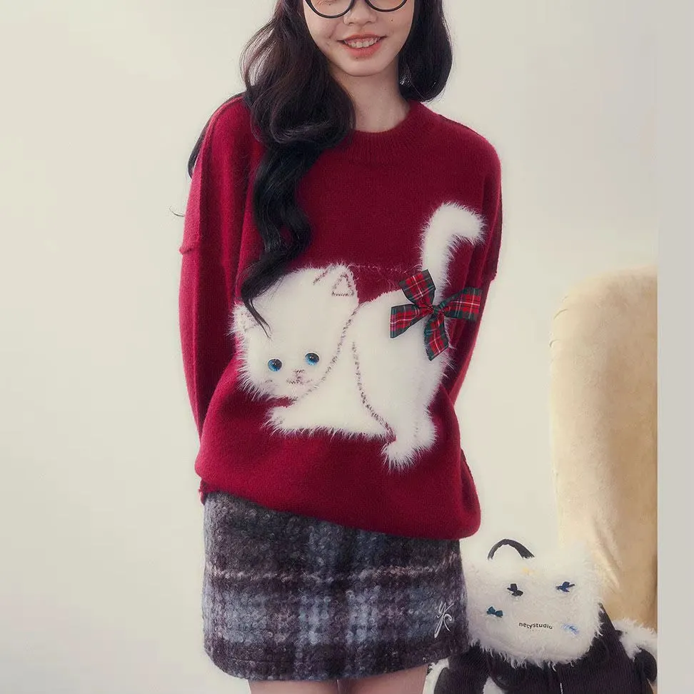 Kitty Cat Sweater – Y2K Japanese Preppy Knitted Pullover for Women