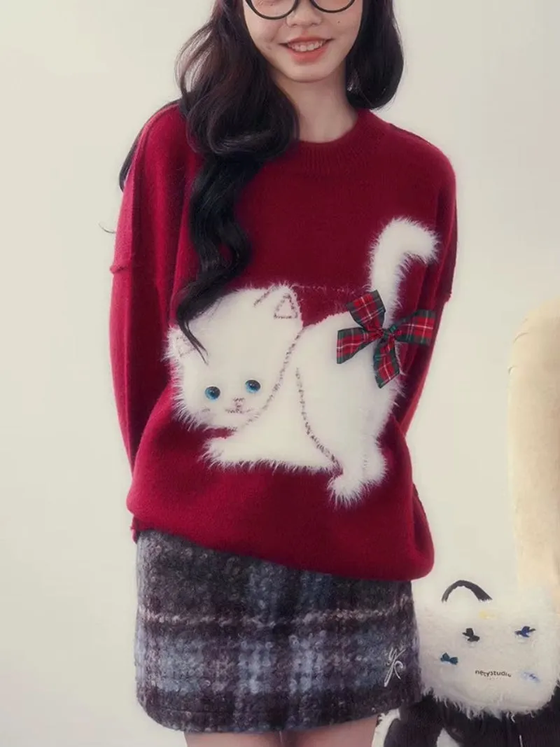 Kitty Cat Sweater – Y2K Japanese Preppy Knitted Pullover for Women