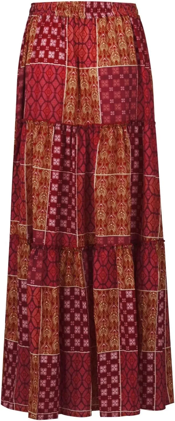 Long Skirts for Women Trendy Floral Maxi Skirt Casual Drawstring Elastic Waist Tiered Flowy Skirt Swing A Line Skirt