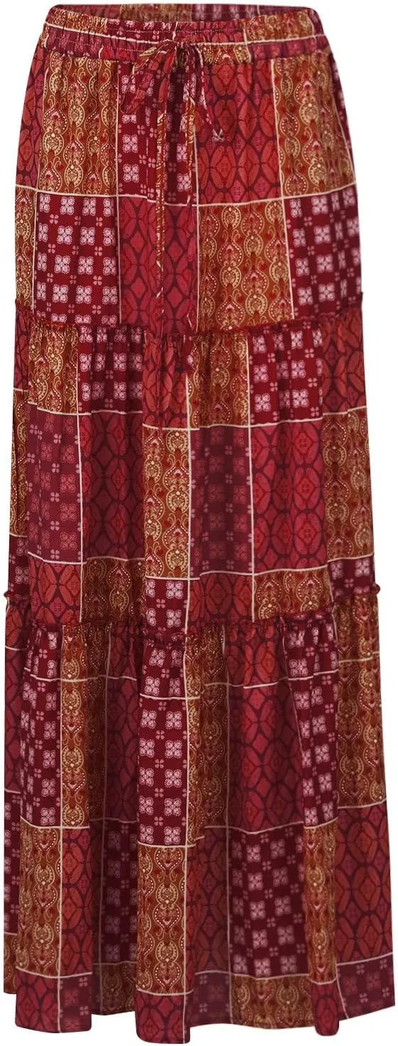 Long Skirts for Women Trendy Floral Maxi Skirt Casual Drawstring Elastic Waist Tiered Flowy Skirt Swing A Line Skirt