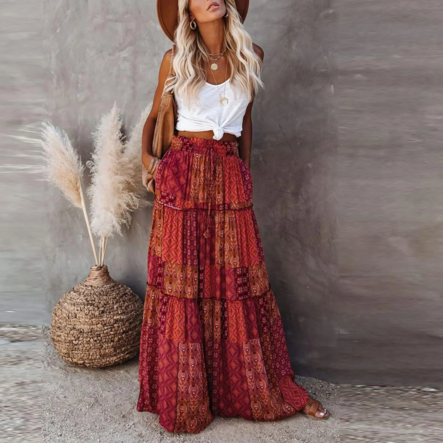 Long Skirts for Women Trendy Floral Maxi Skirt Casual Drawstring Elastic Waist Tiered Flowy Skirt Swing A Line Skirt