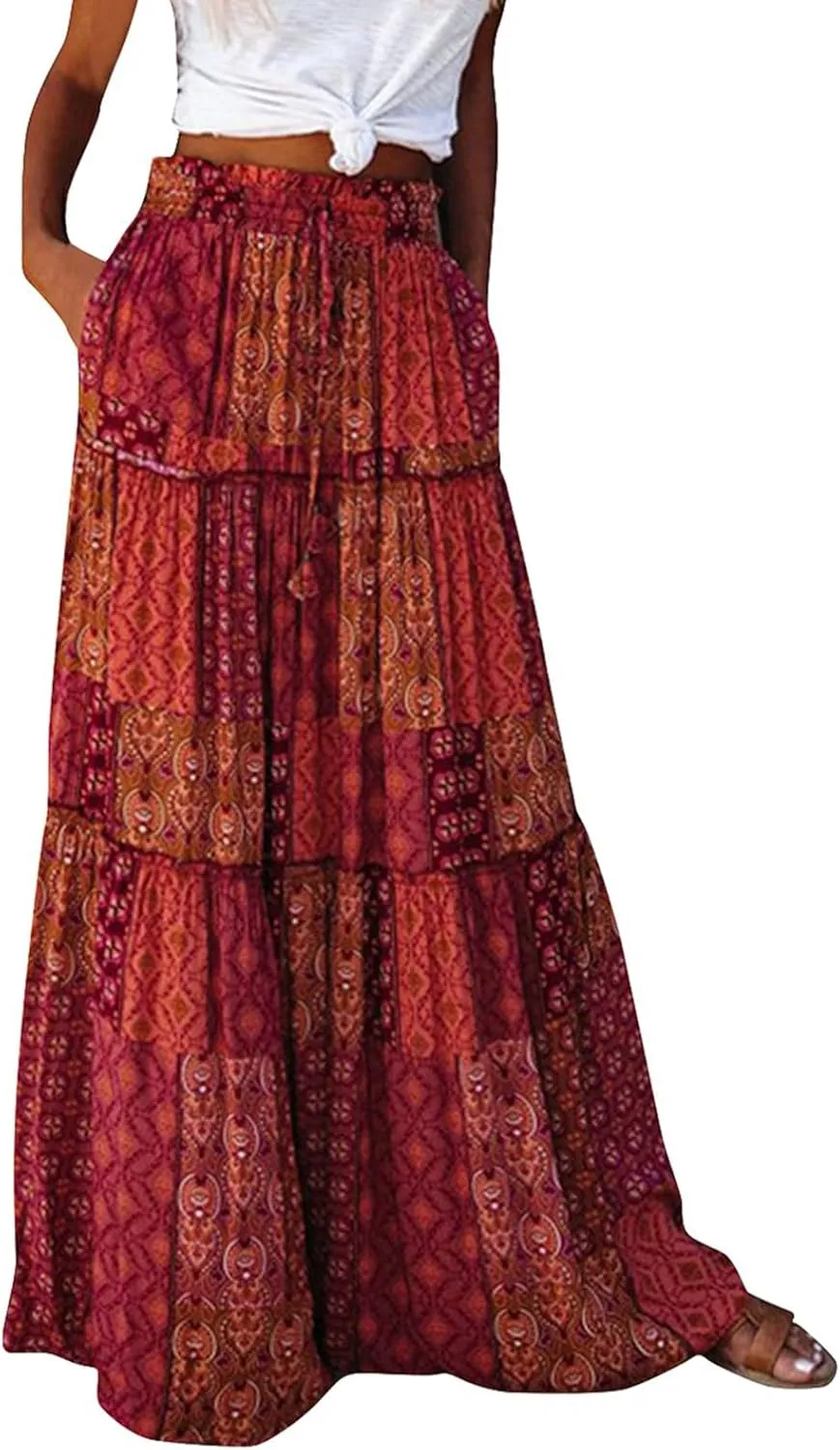 Long Skirts for Women Trendy Floral Maxi Skirt Casual Drawstring Elastic Waist Tiered Flowy Skirt Swing A Line Skirt