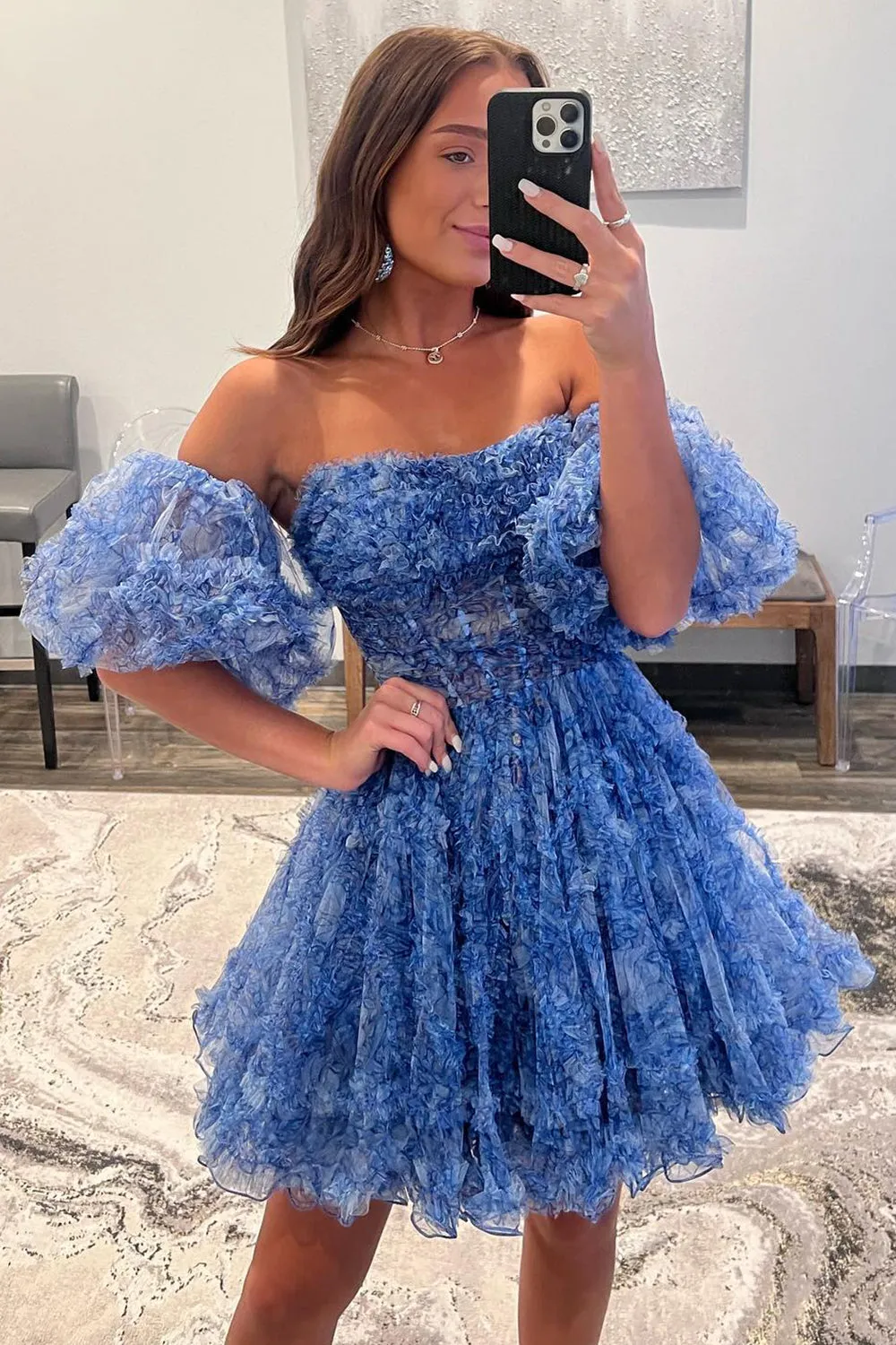 Luolandi A Line Off the Shoulder Printed Above Knee Homecoming Dresses with Ruffled Beautiful