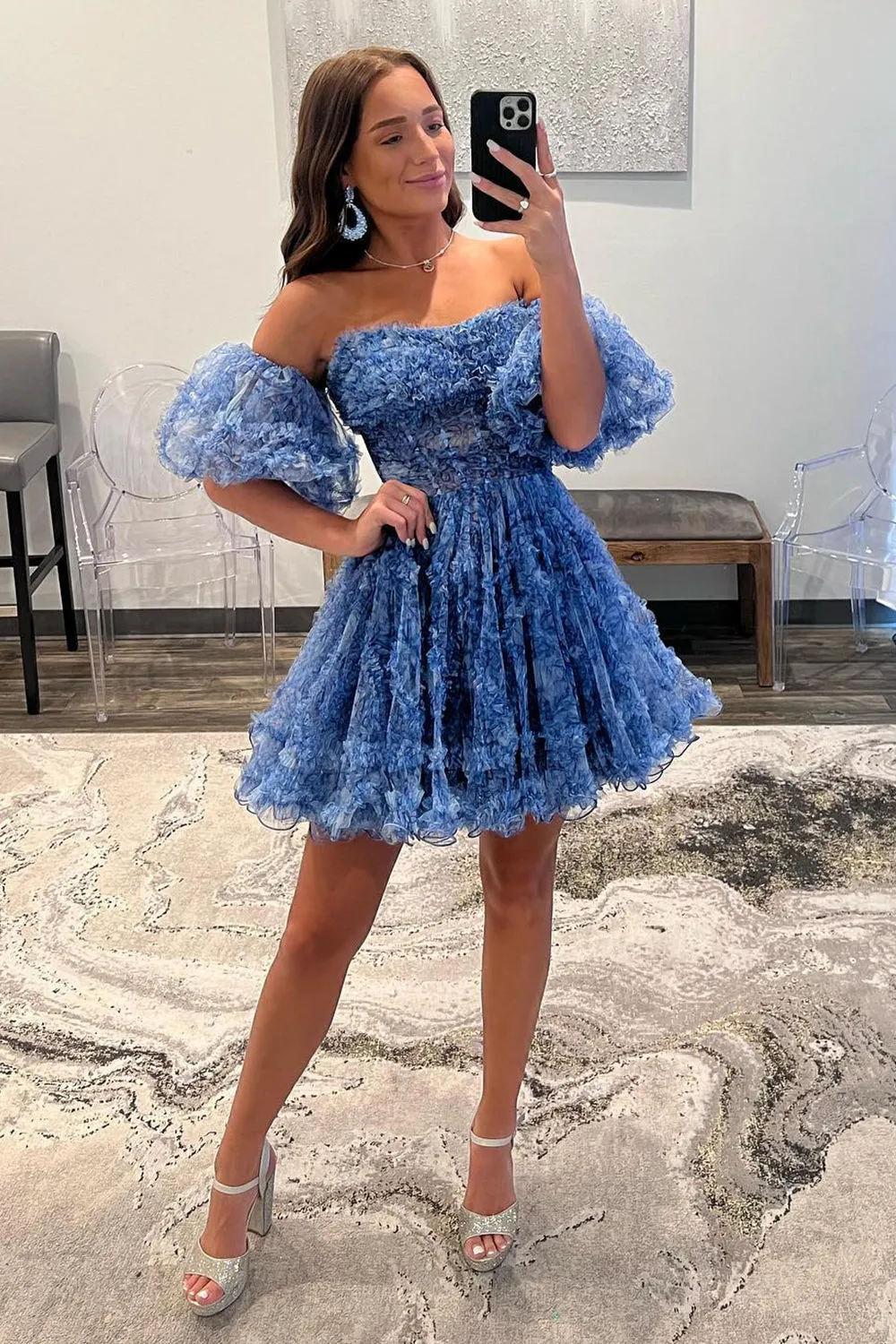 Luolandi A Line Off the Shoulder Printed Above Knee Homecoming Dresses with Ruffled Beautiful