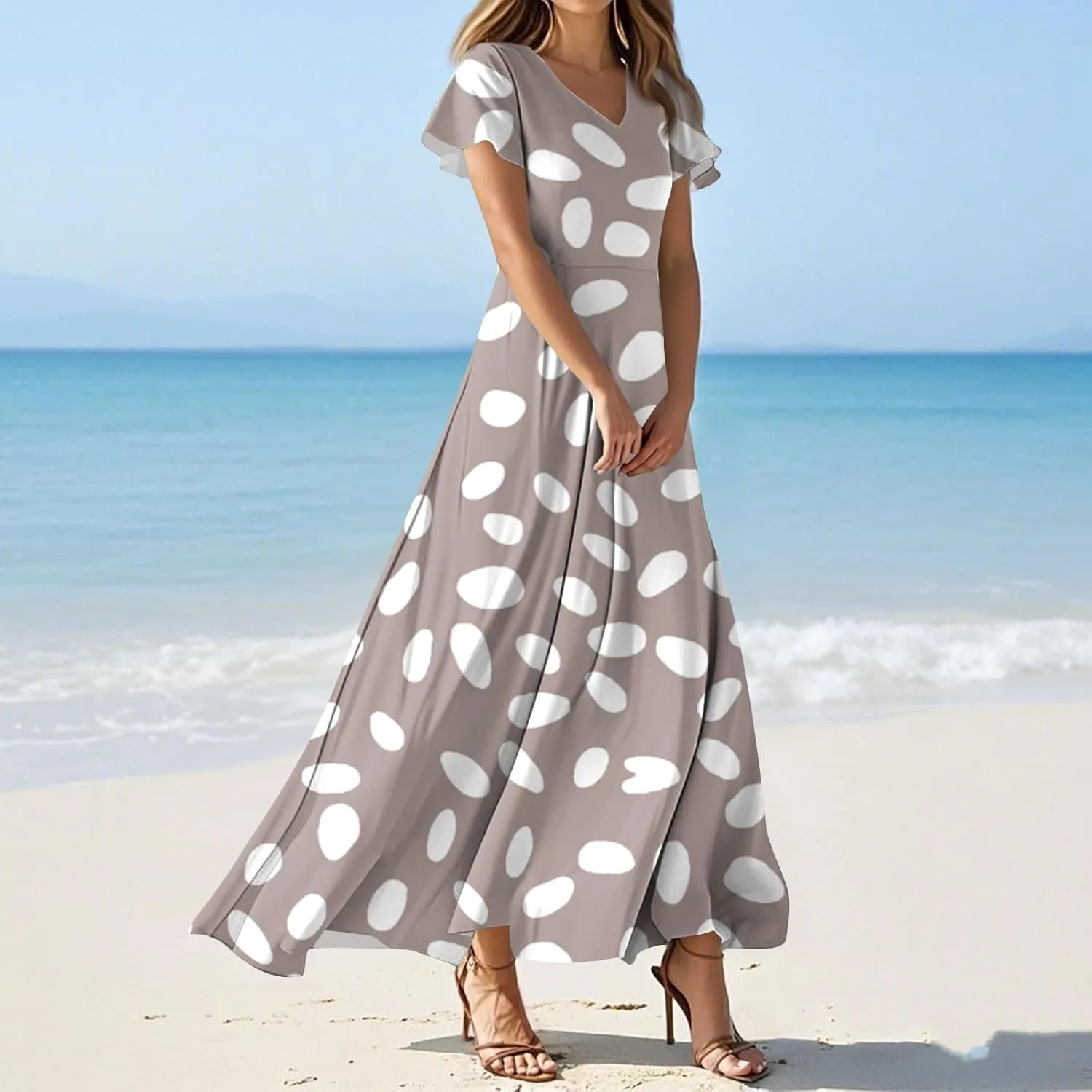 Maxi Dresses for Women 2025 Summer Ruffle Short Sleeve Floral Dress Flowy V Neck Chiffon Maxi Dress Printed Dresses